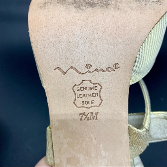 Nina Gold Pumps Heels Metallic Fabric Upper Leather Sole Cross Strap Size 7.5 - Picture 8 of 10